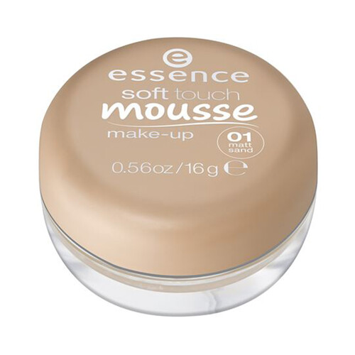 ESSENCE Maquillaje matificante con textura mousse super suave, tono 01 Matt sand ESSENCE Soft touch.