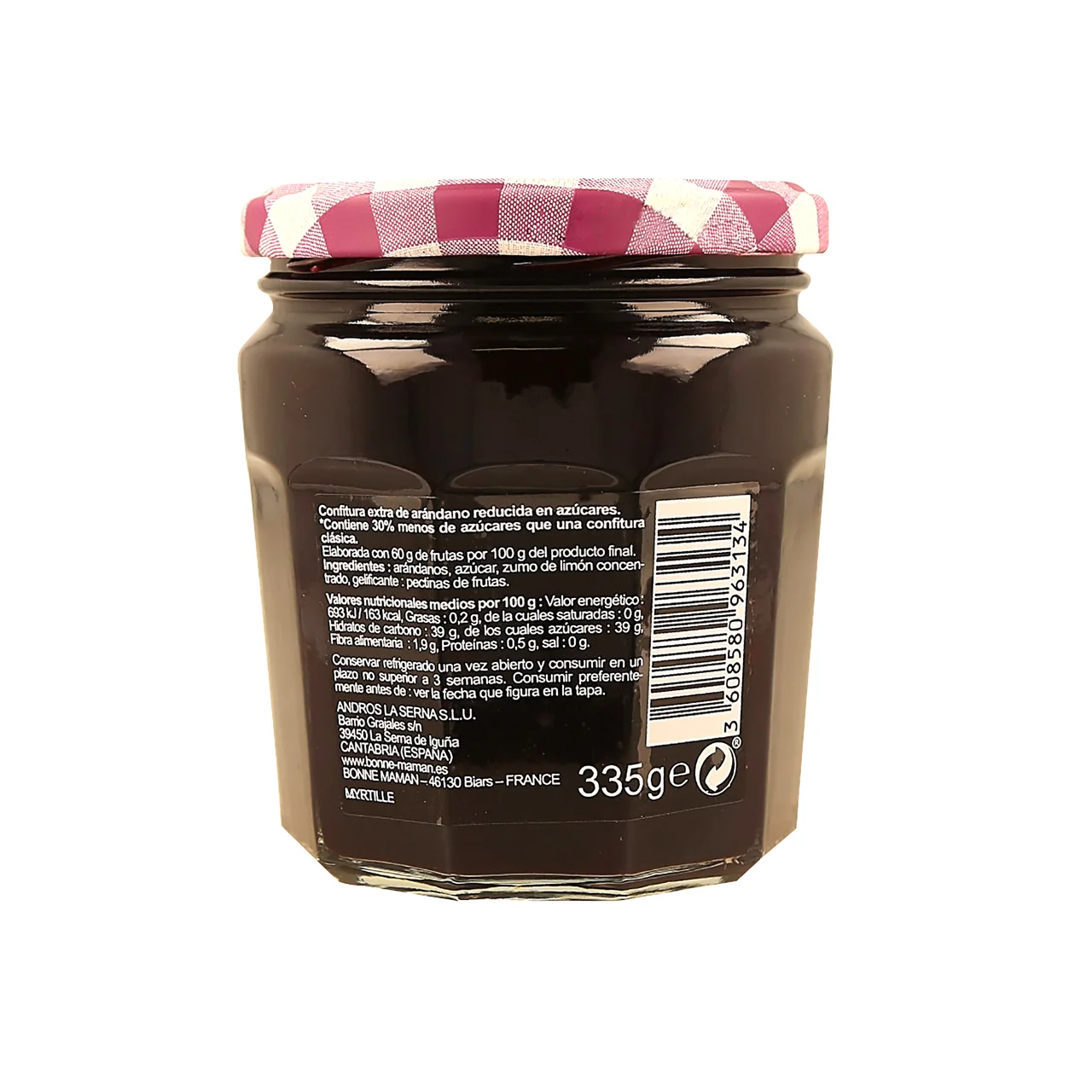 Confitura de arándanos reducida de azúcares 335 g.