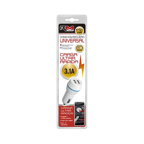 Cargador mechero ROLMOVIL doble entrada USB, carga ultra rápida, 3.1Mah, 12V.