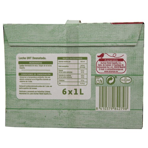 PRODUCTO ALCAMPO Leche desnatada de vaca PRODUCTO ALCAMPO 6x 1 l.