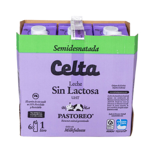 CELTA Leche semidesnatada de vaca, sin lactosa y de origen 100% gallega Pastoreo 6 x 1l.