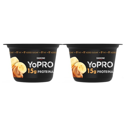 YOPRO Leche fermentada con sabor a plátano y mantequilla de cacahuete, proteínas y sin azúcares añadidos ni grasa de Danone 2 x 160 g.