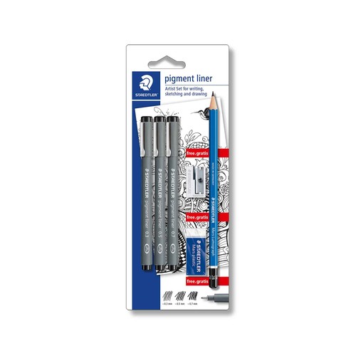 Lote de 3 rotuladores calibrados, con grosor de trazo de 0.2, 0.4 y 0.8 milímetros con regalo de lapicero, sacapuntas y goma rectangular de color blanco STAEDTLER.