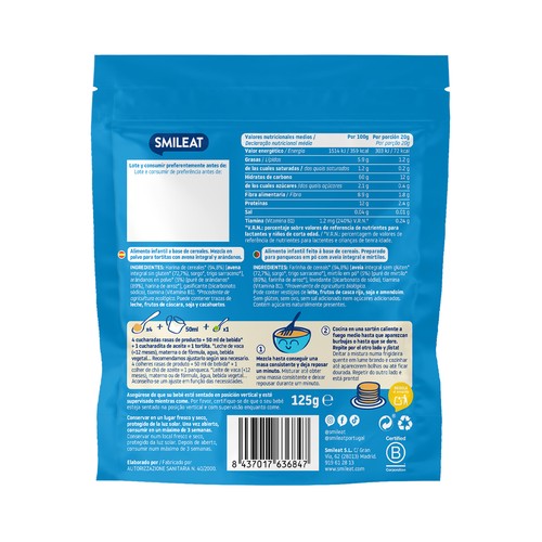 SMILEAT Cereales con avena integral y arándanos para preparar tortitas, a partir de 8 meses 125 g.