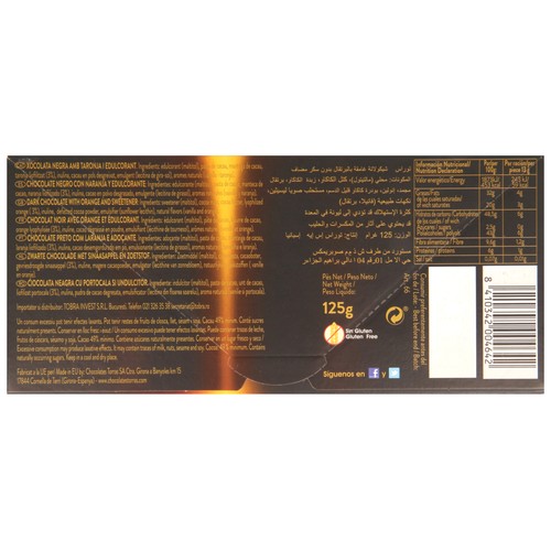 TORRAS Chocolate sin azucares añadidos, negro, naranja 125 g.