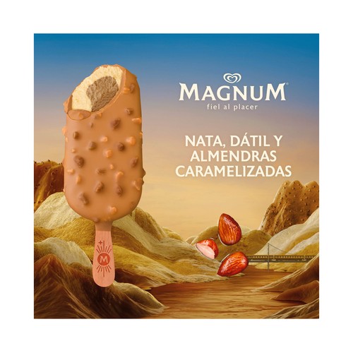 MAGNUM Wonder Bombón helado de nata con interior de datiles y caramelo, recubierto de chocolate blanco con caramelo 3 x 90 ml.