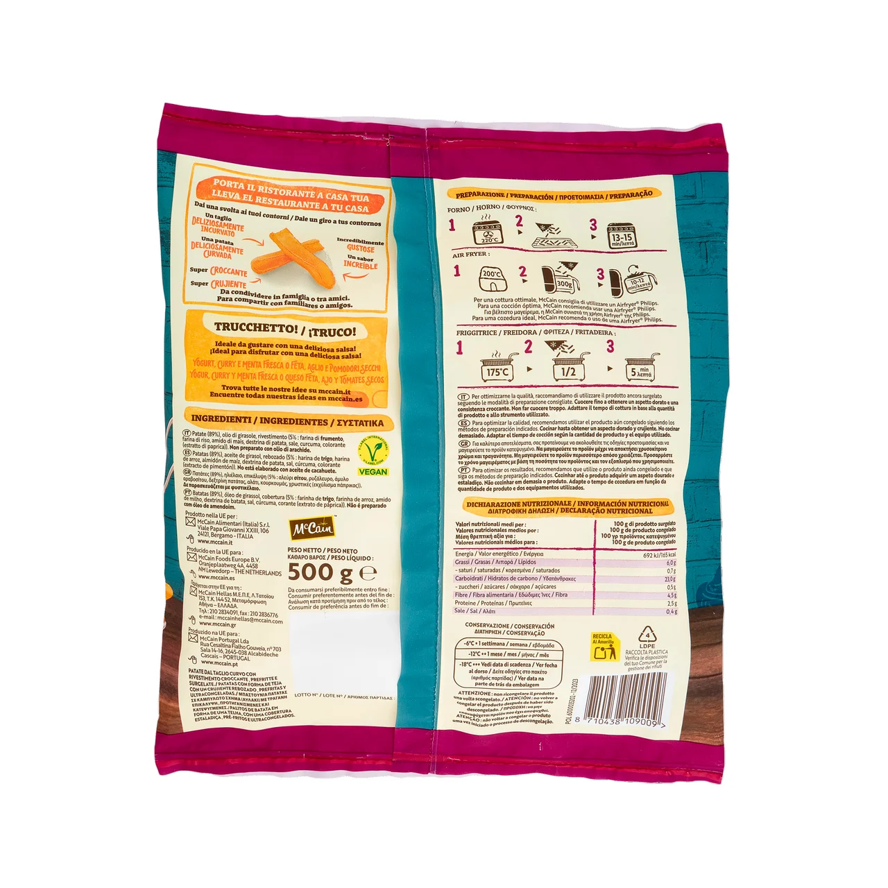 McCAIN Patatas con corte curvado, prefritas y ultracongeladas Fry "n"n dip 500 g.