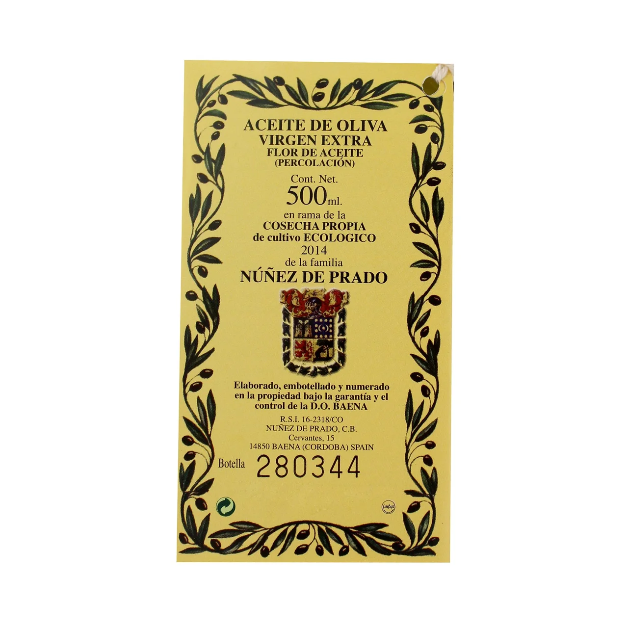 NÚÑEZ DE PRADO Aceite oliva virgen extra ecológico Denominación de Origen Baena NÚÑEZ DE PRADO Botella 500 ml.