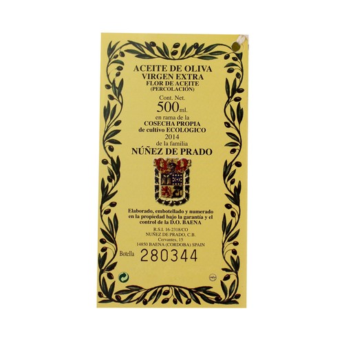 NÚÑEZ DE PRADO Aceite oliva virgen extra ecológico Denominación de Origen Baena NÚÑEZ DE PRADO Botella 500 ml.