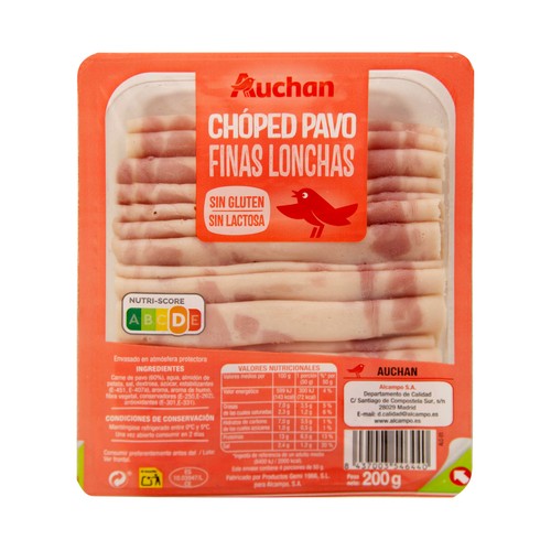 AUCHAN Chopped de pavo sin gluten y sin lactosa, cortado en finas lonchas 200 g. Producto Alcampo