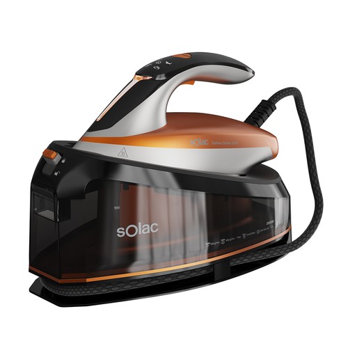 Centro de planchado 3000W SOLAC Optima Center 3010 CPB6110, 7 bares, golpe de vapor 400 g/min, depósito 1,5L, suela cerámica bi-flow steam, modo eco.