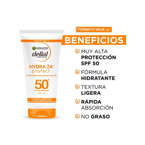 DELIAL Hydra 24h protect de Garnier Leche protectora para rostro y cuerpo con FPS 50+ (muy alto) 50 ml.