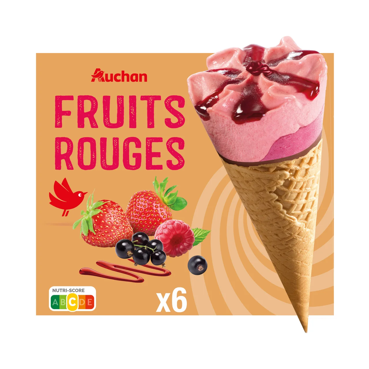 AUCHAN Conos de helado y salsa de frutos rojos 6 x 120 ml. Producto Alcampo.