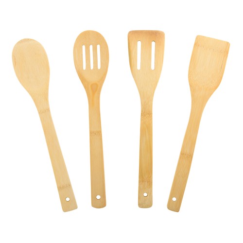 Set de 4 utensilios de bambú y bolsa de algodón, 48x33 cm, TABERSEO.