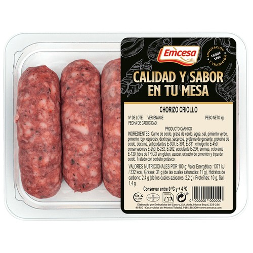 Bandeja con chorizos criollos elaborados sin gluten EMCESA 400 g.