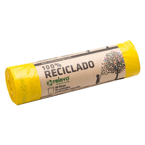 Bolsa basura 100 % reciclada amarilla RELEVO 30 l. 15 uds.