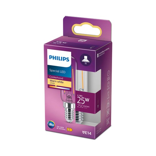 Bombilla Led especial campana extractora E14, 2,1W=25W, luz cálida 2700K, PHILIPS.
