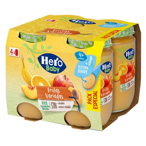 HERO Baby Tarrito de frutas variadas (pera, plátano, manzana, naranja...) a partir de 4 meses 4 x 190 g.