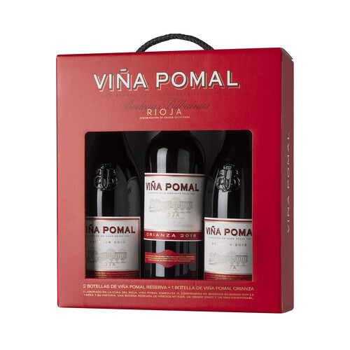 VIÑA POMAL  Estuche con 2 botellas (75 cl) de vino tinto reserva y botella (75 cl) de vino tinto crianza DO calificada Rioja VIÑA POMAL.