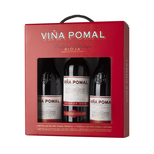 Estuche con 2 botellas (75 cl) de vino tinto reserva y botella (75 cl) de vino tinto crianza DO calificada Rioja VIÑA POMAL.