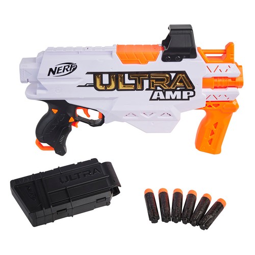 Pistola lanzadardos Ultra AMP motorizada, incluye 6 dardos de foam, alcanza hasta 36m. NERF.