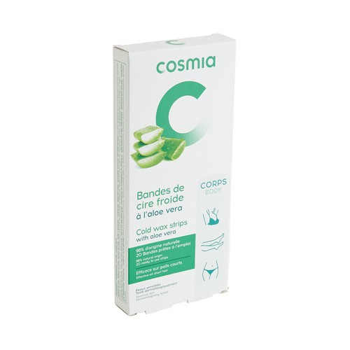 Bandas depilatorias corporales con aloe vera, especial pieles sensibles COSMIA 20 uds.