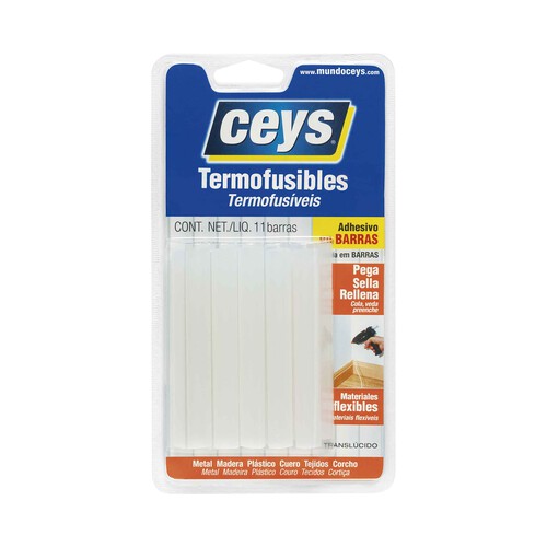 Pack de 11 barras de adhesivo termofusible, translúcido, 11x90mm, CEYS.