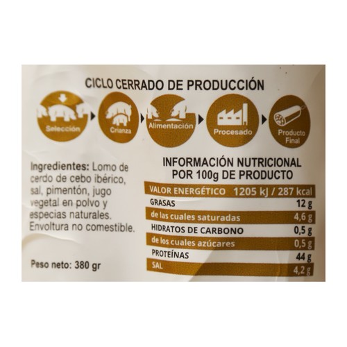 ALCAMPO CULTIVAMOS LO BUENO Lomo de cebo ibérico (50% raza ibérica) pieza de 380 g.