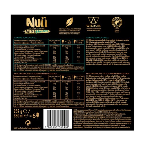 NUII Adventure Mini helados de vainilla de Java (3) y de avellana italiana (3), recubiertos de chocolate con leche 6 x 55 ml.