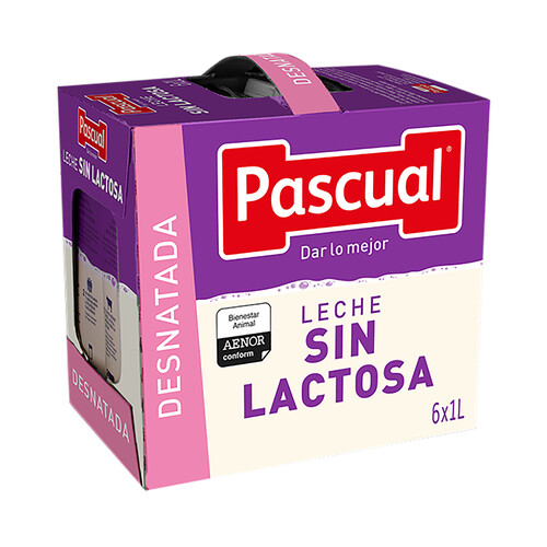 Leche desnatada sin lactosa procedente de vacas con bienestar garantizado PASCUAL 6 x 1l.
