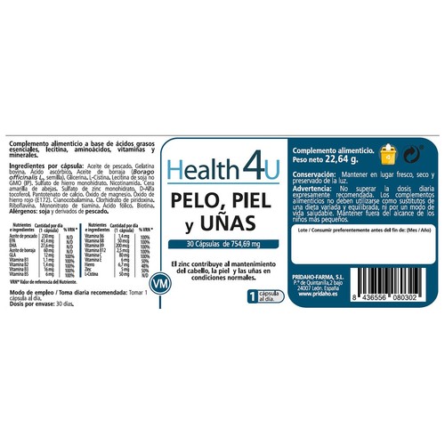 HEALTH 4 U Piel, Pelo y Uñas 30 Cápsulas 552 mg.