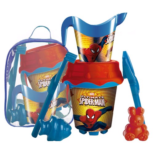 Set mochila de playa SPIDERMAN con cubo para hacer castillos con pala, rastrillo y moldes. UNICE
