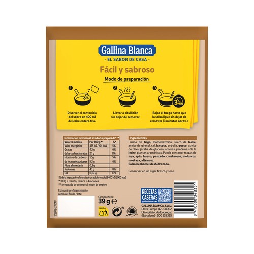 GALLINA BLANCA Salsa bechamel sobre de 39 g.