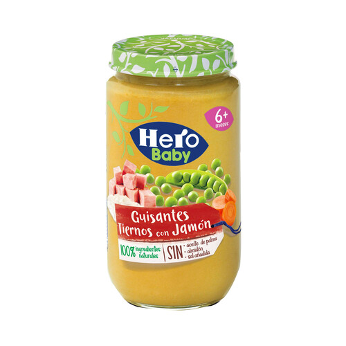 HERO Baby Tarrito con textura suave de guisantes tiernos con jamón, a partir de 6 meses 235 g.