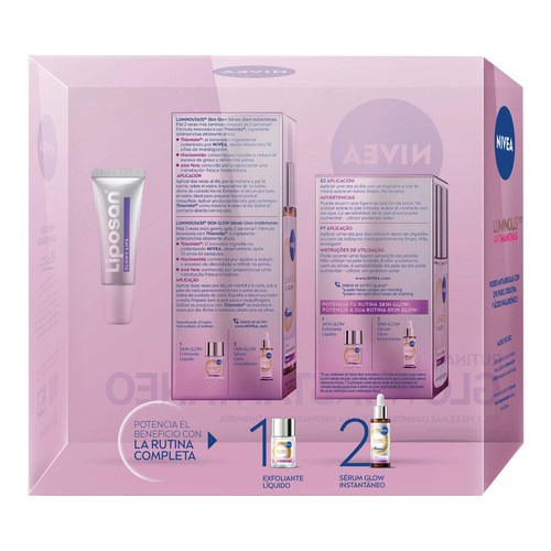 NIVEA Luminous 630º Skinglow Tratamiento glow instantáneo con exfoliante líquido, sérum facial y bálsamo labial.