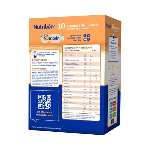 NUTRIBÉN Papilla en polvo de 10 cereales con un toque de miel y galleta María a partir de 6 meses 600 g.