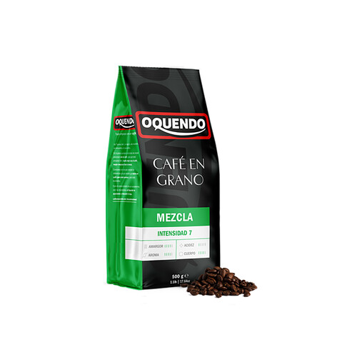 Café mezcla de tueste natural 70% y torrefacto 30% en grano. intensidad 7 OQUENDO 500 g.
