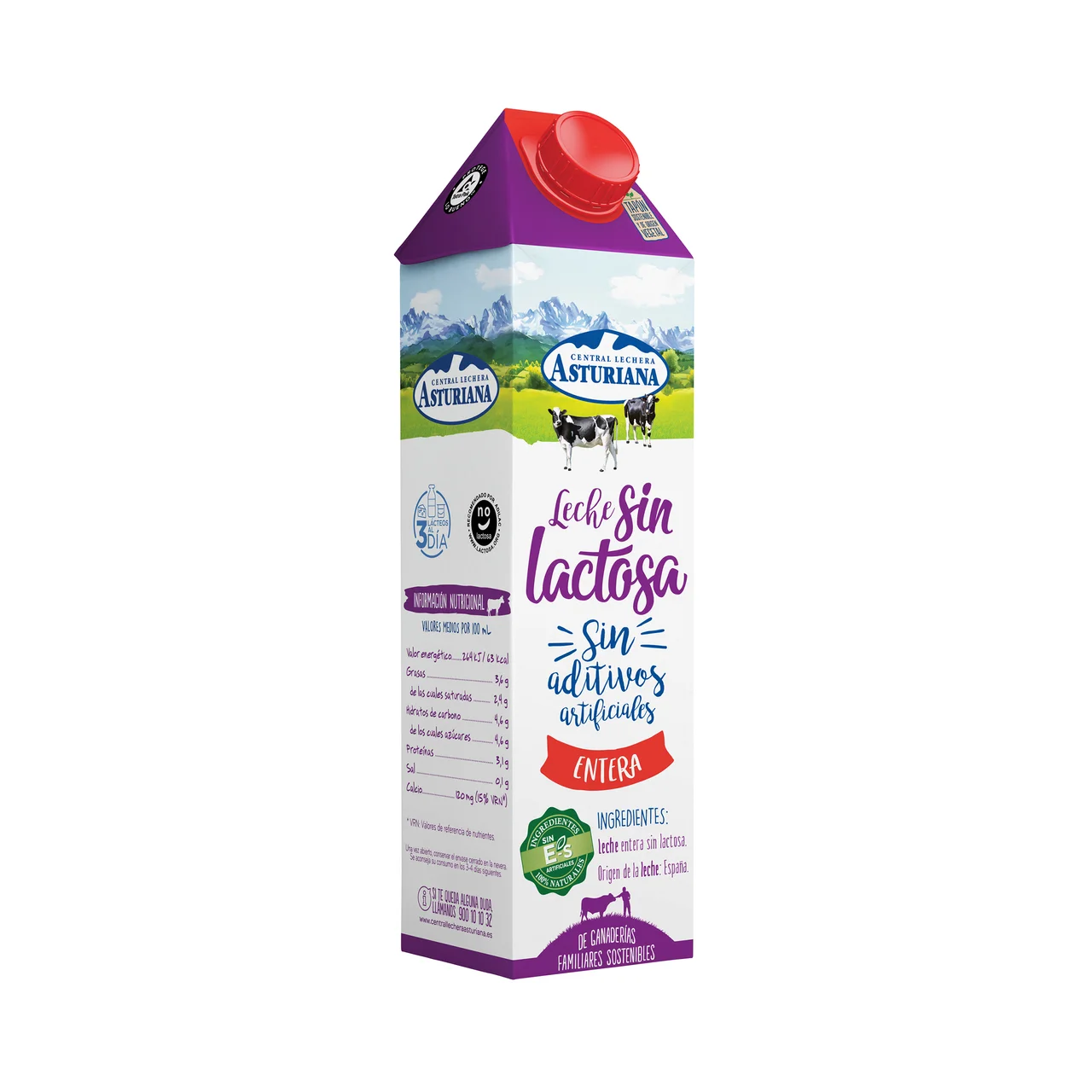 Leche de vaca entera y sin lactosa, de origen española 1 l.
