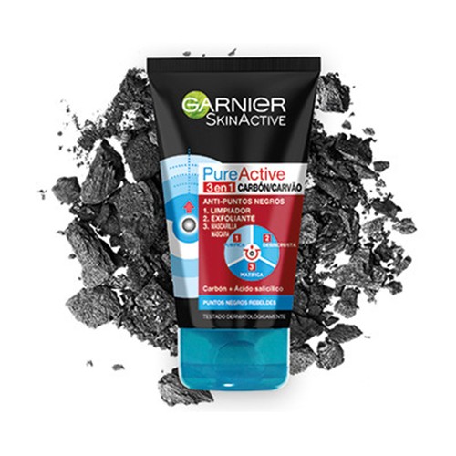 GARNIER Gel facial limpiador y exfoliante con carbón 3 en 1 GARNIER Skin active pure active 50 ml.