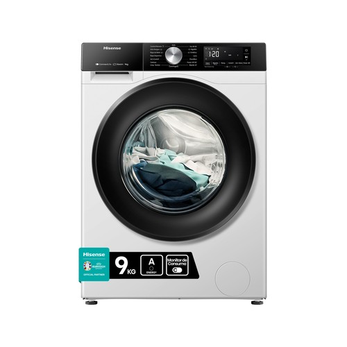 Lavadora HISENSE WF3S9043BW3 9KG, color blanca, clasificación energética: A, 1400RPM, H: 84,5cm, A: 59,5cm, F: 55cm.