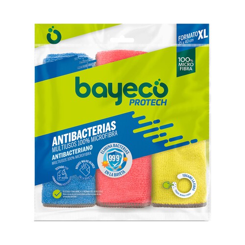 BAYECO Protect Bayetas multiusos xl (40 x 35) de microfibra 100% y acción antibacterias 3 uds.