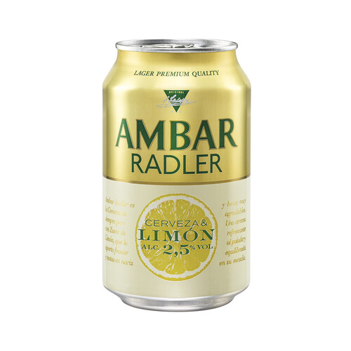 AMBAR Radler Cerveza y limón lata de 33 centilitros.