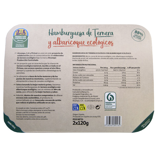 Hamburguesas de tenera ecológica con albaricoque ALCAMPO PRODUCCIÓN CONTROLADA ECOLÓGICO