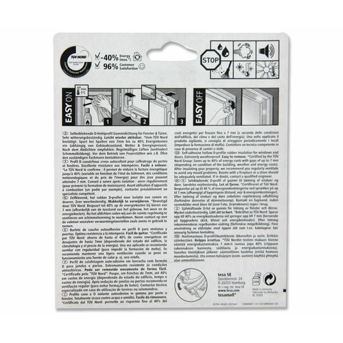 Burlete aislante para perfil de ventana de caucho tubular, 6 m x 9 mm, color blanco, TESA Tesamoll Perfil D.