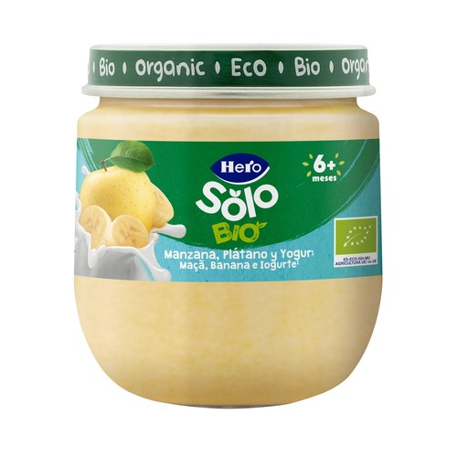 HERO Solo bio Tarrito de fruta (manzana, plátano) y yogur, ecológicos a partir de 6 meses 120 g.