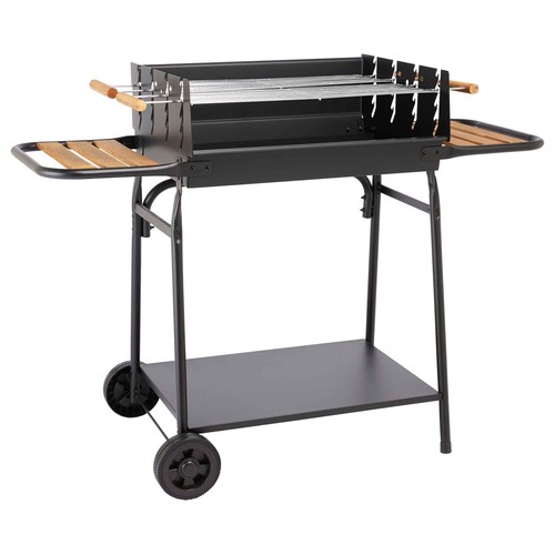 Barbacoa de carbón con 2 bandejas madera y ruedas, 125x56x94cm. GARDEN STAR ALCAMPO.