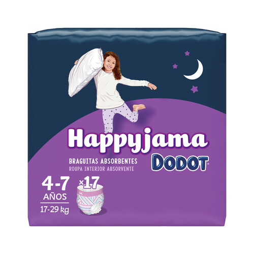 DODOT Pañales de noche talla 7 (braguitas absorventes), para niñas de 17 a 29 kilogramos y de 4 a 7 años DODOT Happyjama 17 uds.