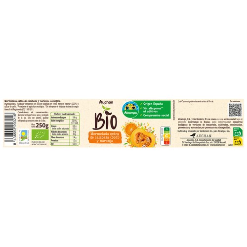 ALCAMPO CULTIVAMOS LO BUENO Bio  Mermelada extra de calabaza (55%) y naranja ecológica  250 g.