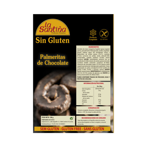 LA SANTIÑA Palmeritas de chocolate, congeladas y elaboradas sin gltuen LA SANTIÑA 100 g,