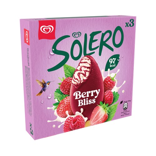 SOLERO Berry bliss Helado de vainilla cubierto de sorbete de frambuesa y fresa 3 x 90 ml.